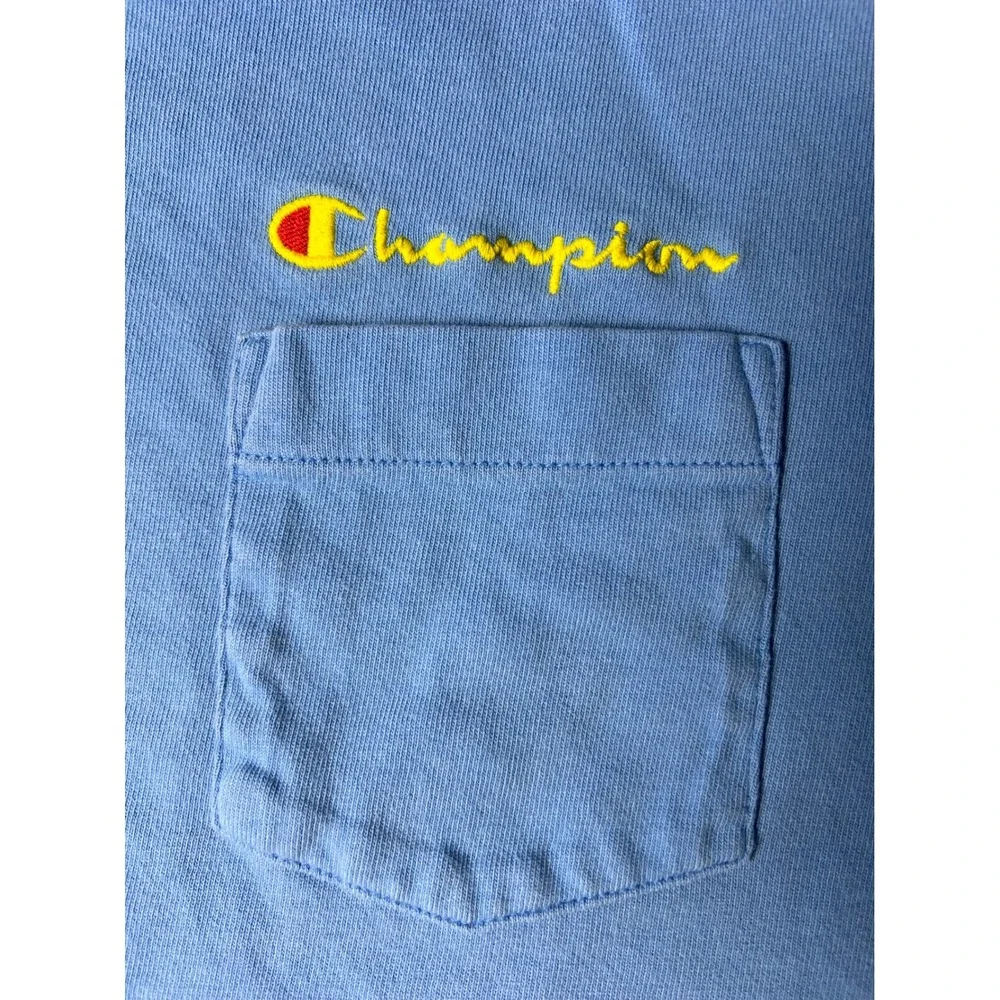Champion Mens Pocket T-Shirt Blue Embroidered Script Logo Short Sleeve Tee